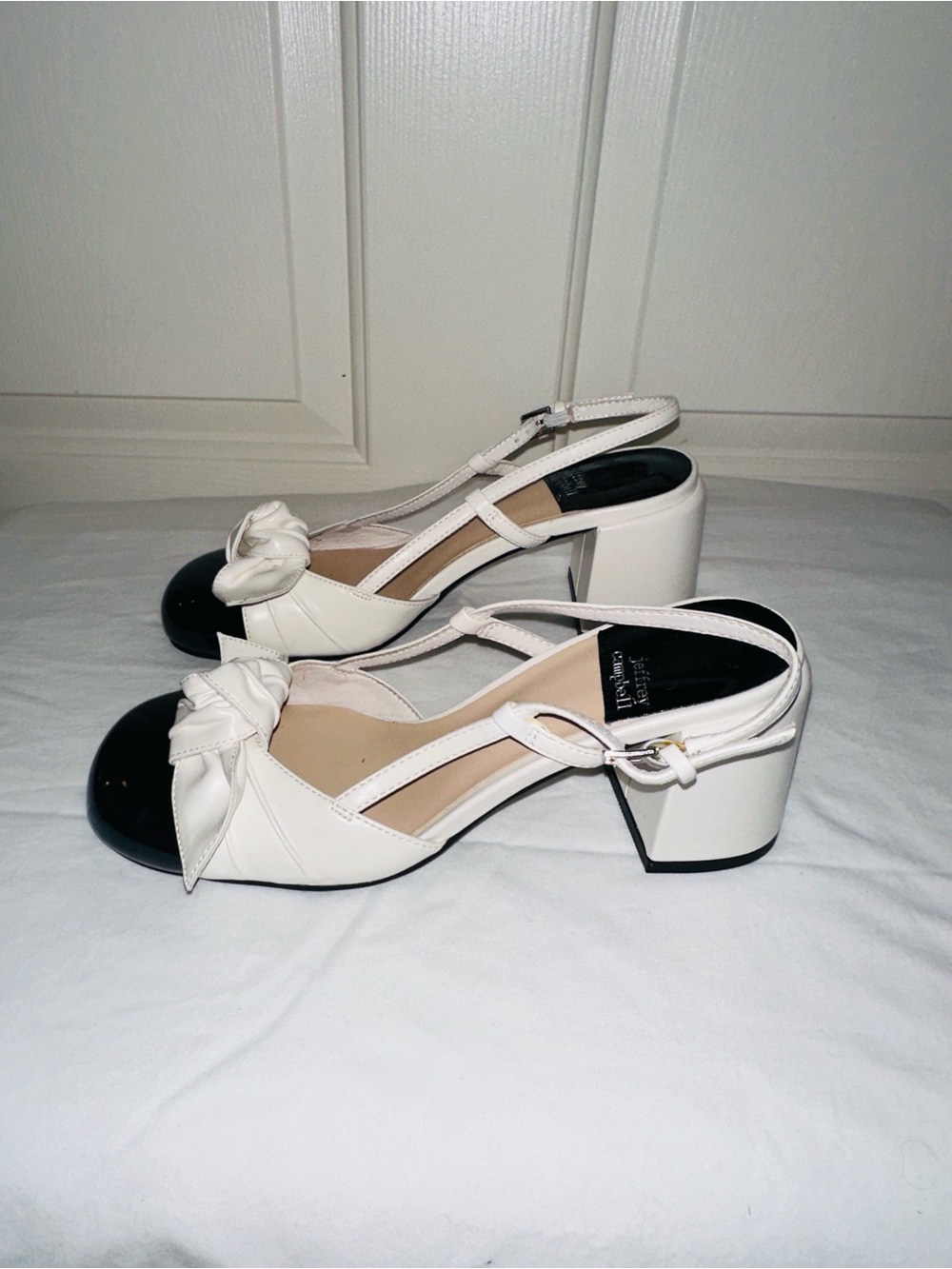 Jeffrey Campbell White Slingback Block Heels with Black Patent Toe and Bow - Picture 4 of 7